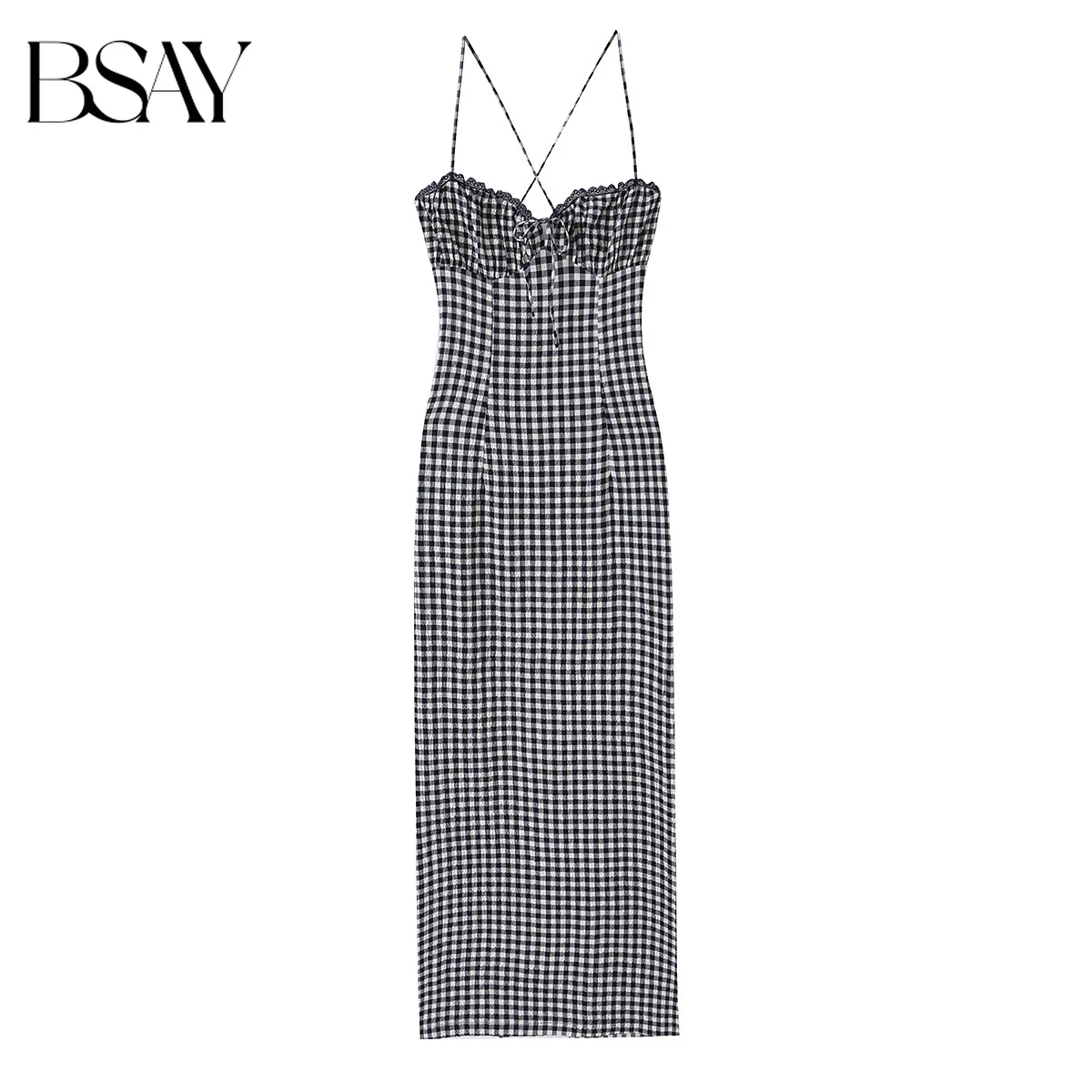 BSAY Gingham-Spitzenbesatz, Spaghettiträger, Maxikleid, rückenfrei, gekreuzte Bänder, gerüscht, figurbetont, langes Kleid, Sommerkleid, süßes kariertes Strandkleid