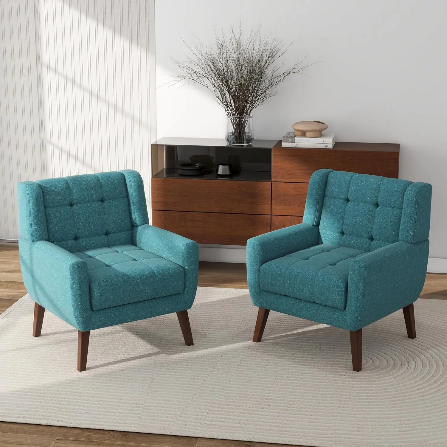 Light Blue Button Tufted Accent Armchair Set Of 2, Upholstered Fabric Living Room Bedroom Furniture, Customized