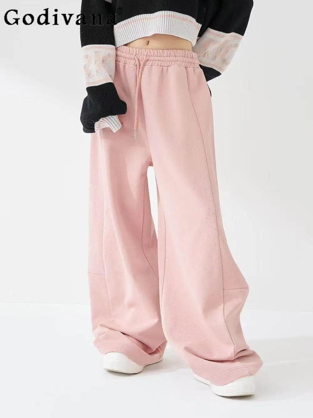 

Spring and Summer New Japanese Sweet Casual Pink Gray Sweatpants Women's Elastic Waist Loose Fashion Wide-leg Pants Trousers
