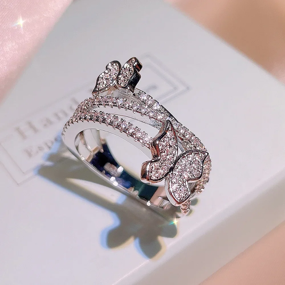Fashion Wedding Jewelry Double-deck Butterfly Zircon Ring for Woman S925 Stamp Sterling Silver Female Crystal Brand Ring Gift