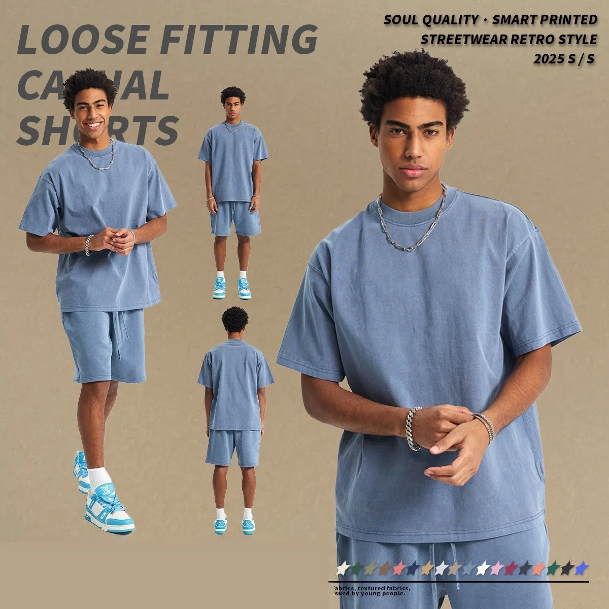 

Мужской комплект свободных повседневных шорт S/S 2025 года, уличная одежда в стиле ретро, топ с короткими рукавами и шорты, комплект из двух предметов, удобный