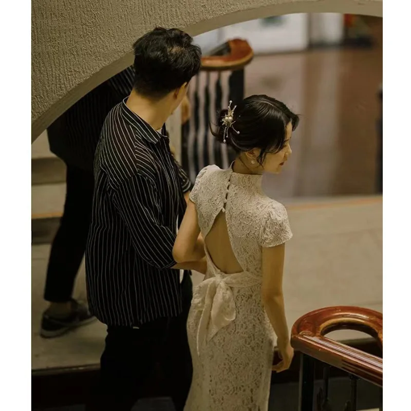 Robe de mariée chinoise en dentelle, Qipao à manches courtes, col Mandarin, boutons Vintage, sirène