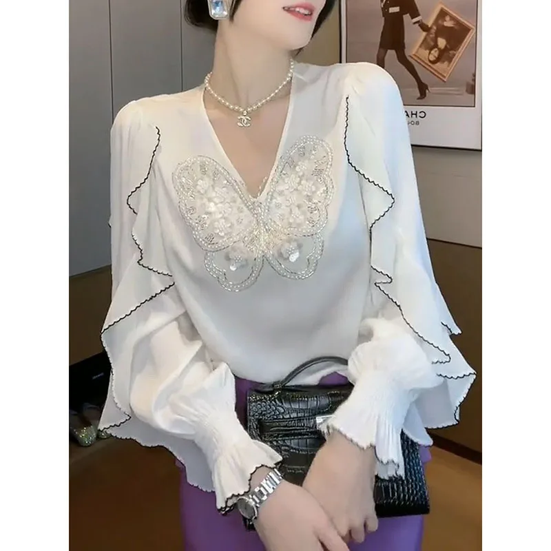 Blusa de manga acampanada con lentejuelas y volantes para mujer, blusa informal de gran tamaño, ropa elegante para primavera y verano, 2023