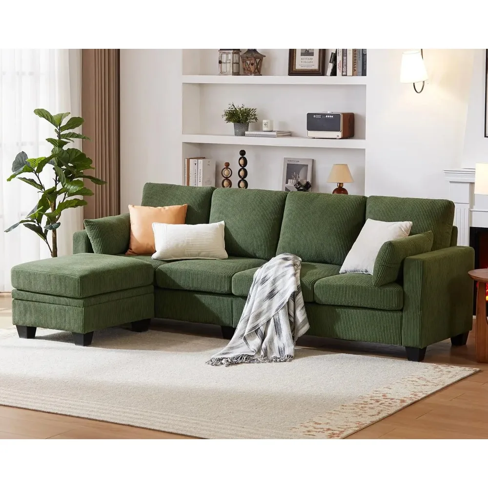 

Corduroy Sectional Sofa with Footstool, L/U Shape Sleeper Sofa, Modern Armrest Neck Support Furniture, 5 Seater Sectional Sofa