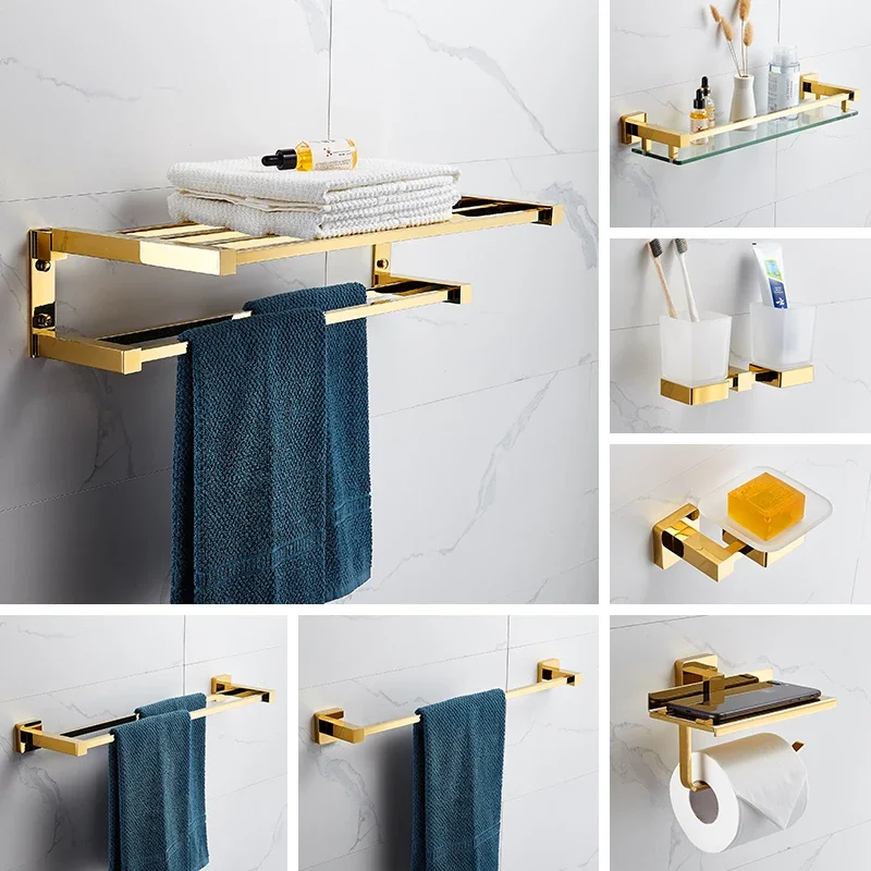 European-style all-copper square gold towel rack bathroom hardware pendant set shelf