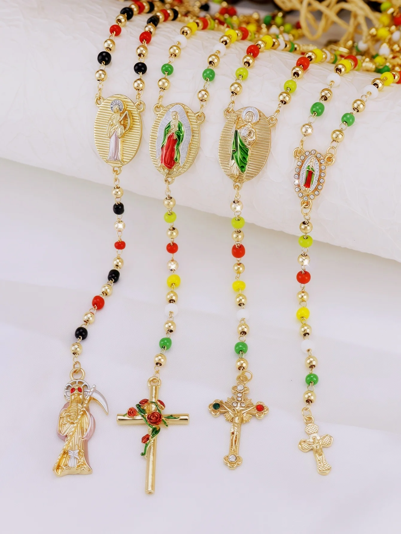 Vintage Colored Terracotta Beads Y-Necklace with Pendant Cross Featuring Virgin Mary St. Jude & Santa Muerte for Fashion Bohemia