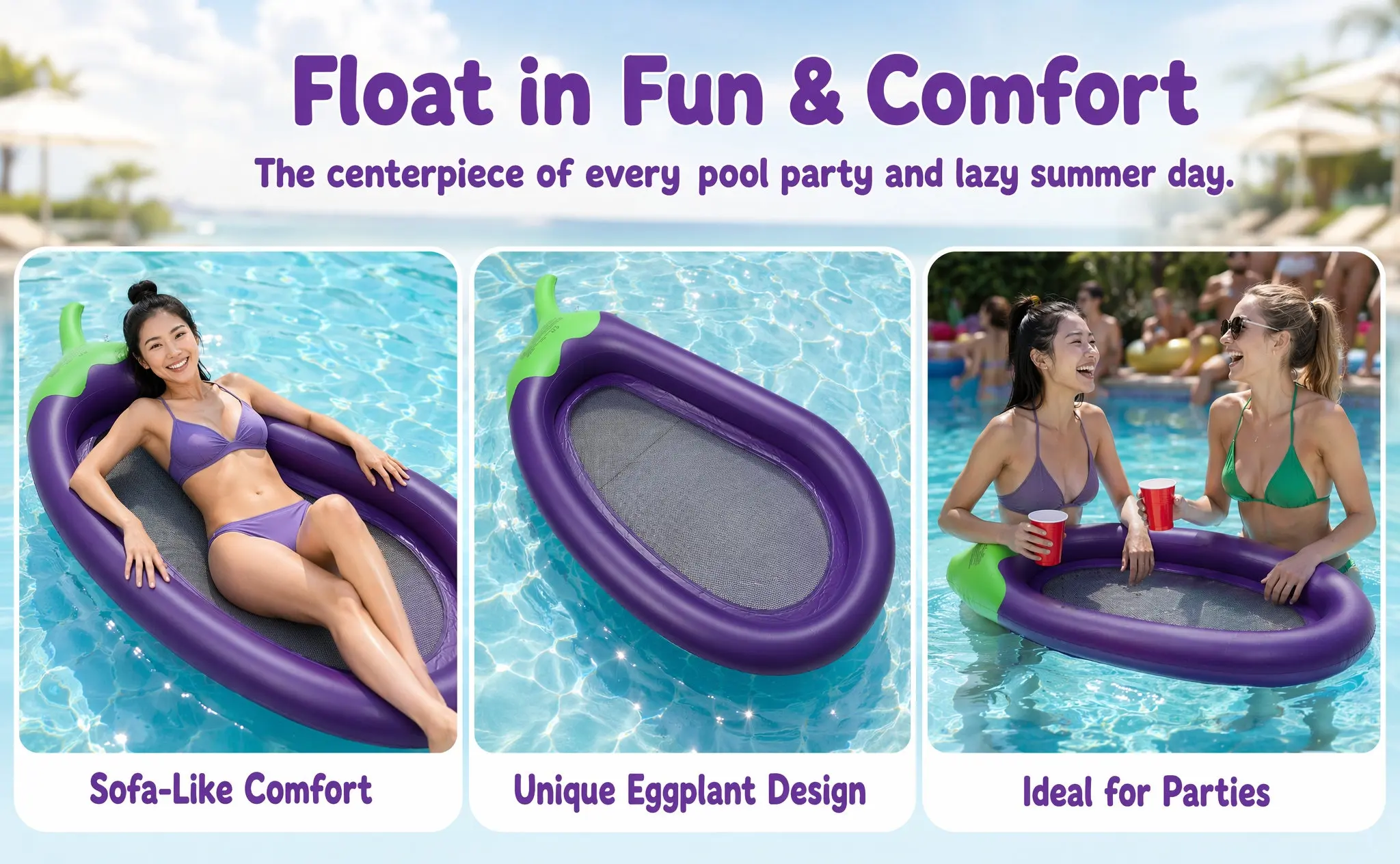 Eggplant Shape Inflatable Floating Sofa Pool Lounger with Mesh Bottom Support Uv Resistant Thick PVC Floating Bed for Swimming