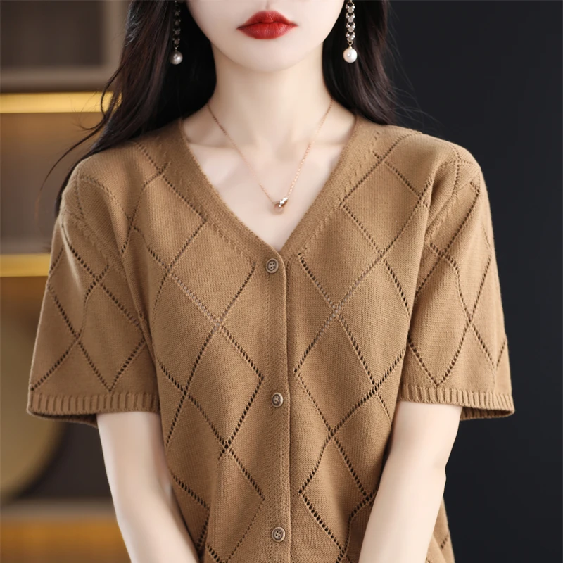 Summer new 100% cotton knitted cardigan women\'s short-sleeved jacket V-neck casual hollow bottoming shirt loose top