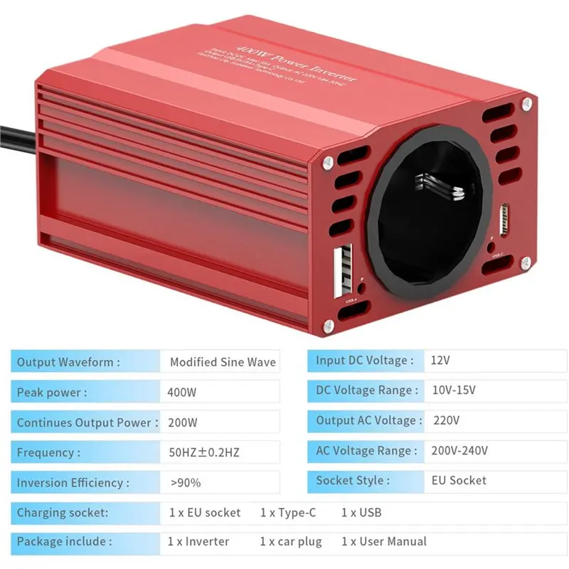 YSS-TYPE-C USB EU DC12V To AC 220V 50HZ Modified Wave Inverter 400W Voltage Converter Solar Car Power EU Plug