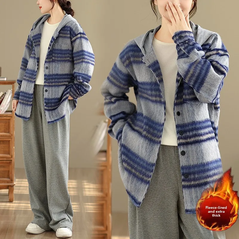 

Autumn Winter Korean Plaid Flannel Thiened Hooded irt Sle Lazy Casual Jaet Women's Outerwear Polyester Fiber Long Sve