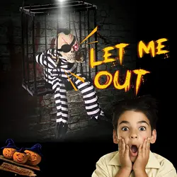 Halloween Decoration Prisoner Ghost In Cage Scary Skull Prop Electric Skeleton Toy Glowing Eye Sound Doll Hangable Talking Ghost