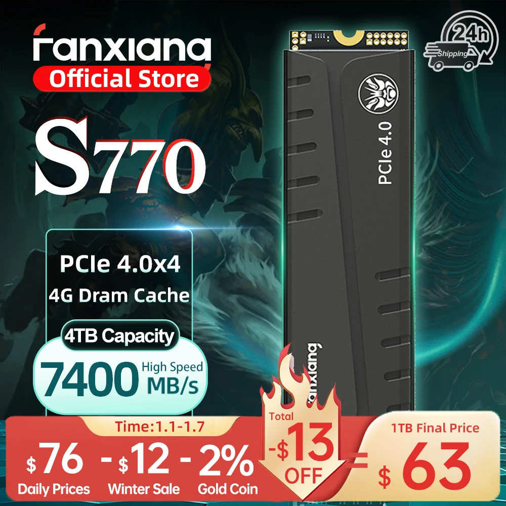 Fanxiang S770 M.2 SSD 500GB 1TB 2TB 4TB Up to 7400MB/s M.2 NVMe PCIe4.0 1G DRAM Cache Internal Solid State Drive For PS5 Desktop