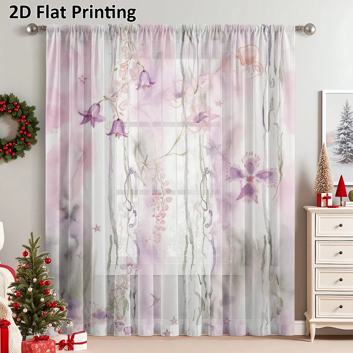 Watercolor Purple Floral Print Sheer Curtain, Light Filtering Voile Window Curtain for Bedroom Living Room Home Decor