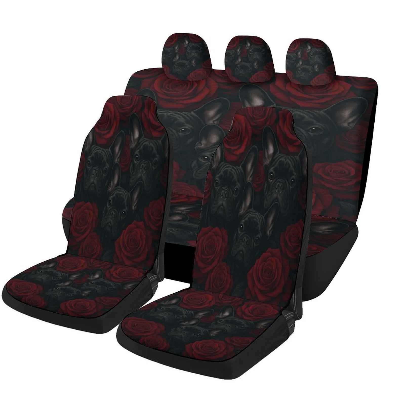 Black French Bulldogs With Red Roses Themed Car Seat Cover Set For Most Cars, Trendy Novelty Car Seat Protector Covers Full Set,