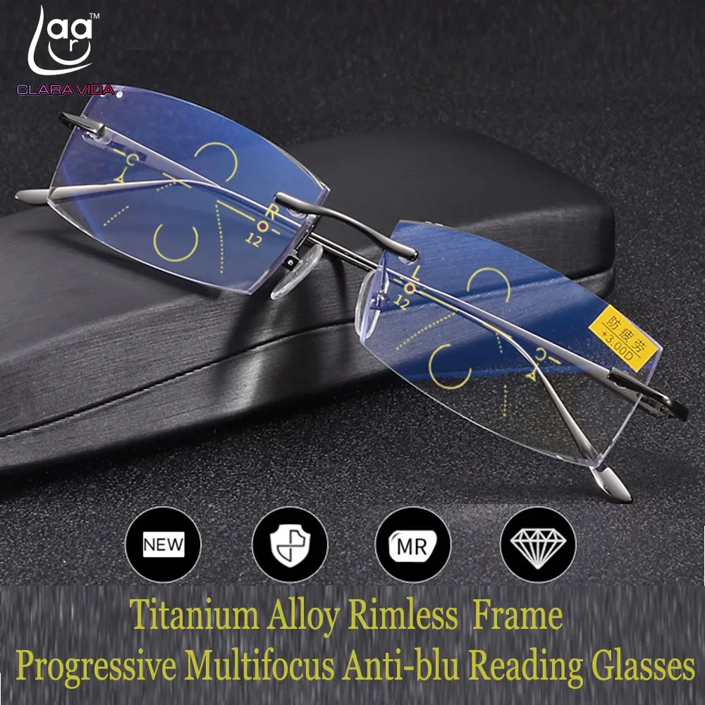 

Clara Vida Progressive Multifocal Reading Glasses Titanium Alloy Rimless Diamond Cut Edges See Near And Far TOP 0 ADD +0.75 To+3