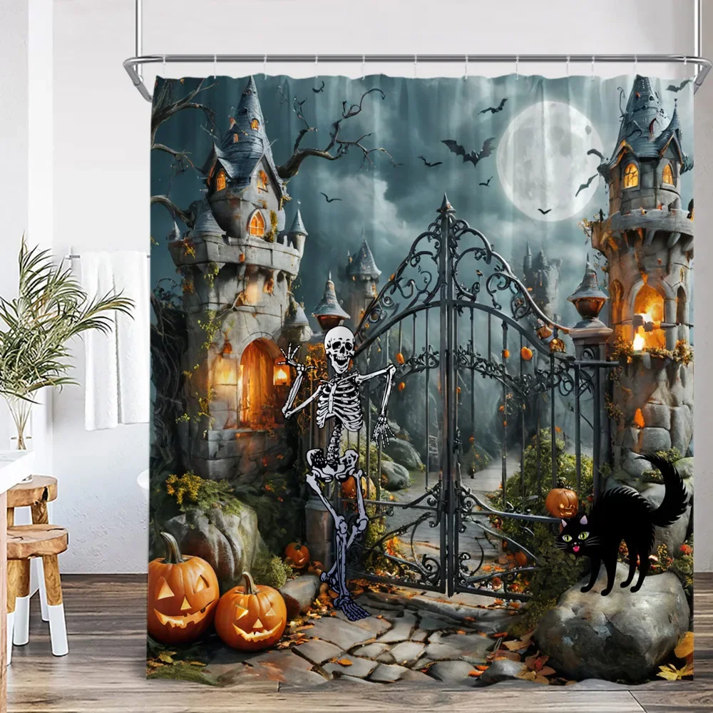 Haunted House Halloween Shower Curtain Full Moon Night Graveyard Pumpkin Lantern Gothic Castle Bathroom Decor Retro Bath Curtain