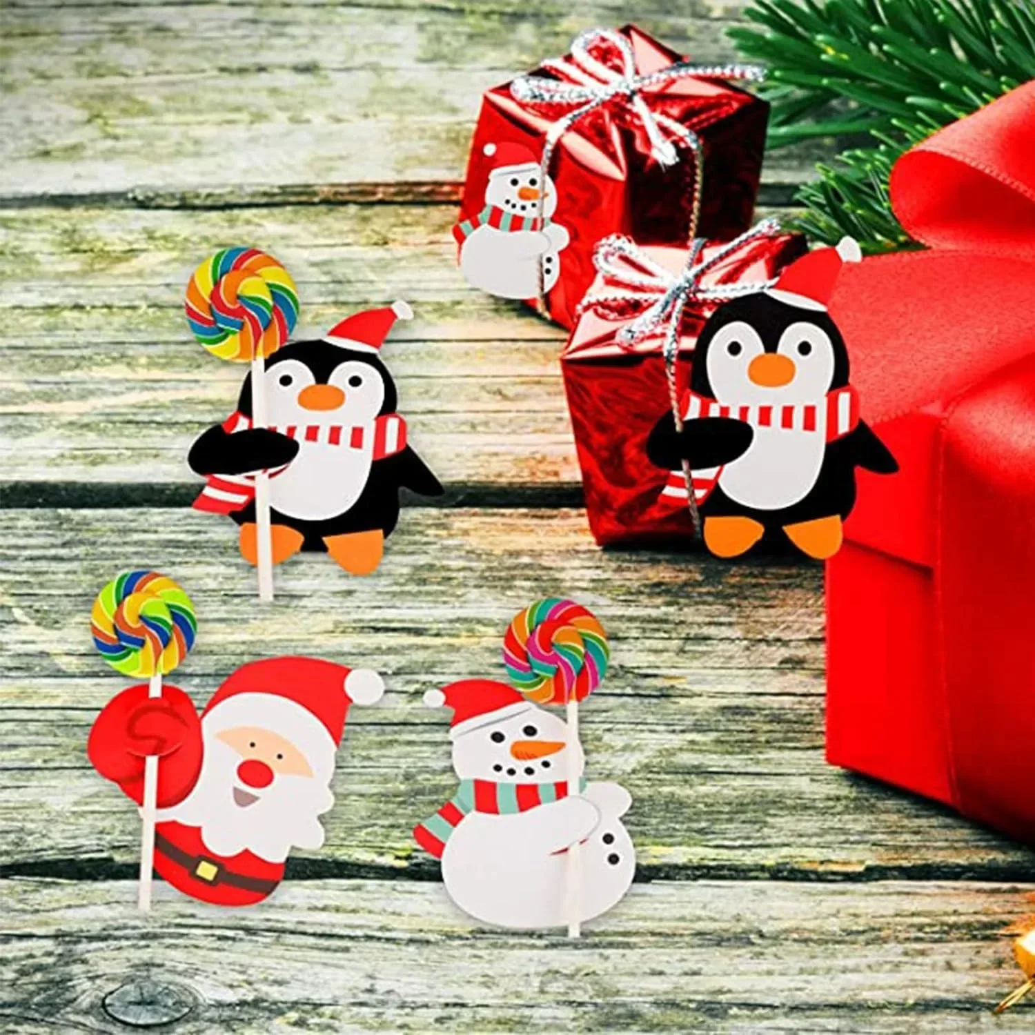 Świąteczne karty papierowe Lollipop Cartoon Santa Claus Penguin Snowman Kids Candy Gifts Package Wrapping New Year Party Decoration