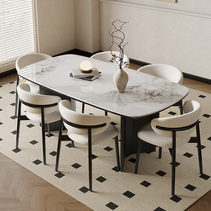 Modern minimalist Deli, Fengchun white rock slab dining table for home use, ash wood solid wood rectangle, medieval style
