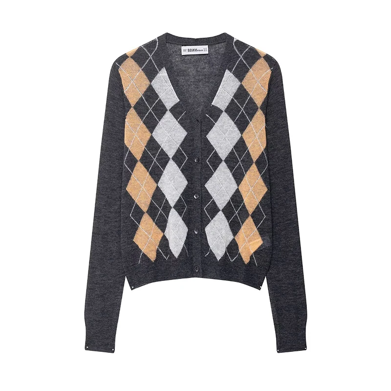 

Willshela Women Fashion Plaid Single Breasted Knitted Sweater Vintage V-Neck Long Sleeves Female Chic Lady Outfits