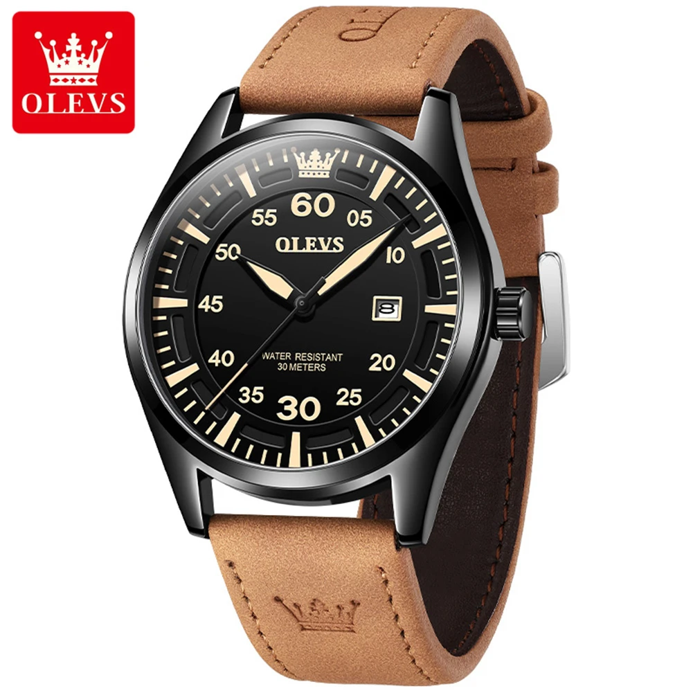 

OLEVS 9962 Fashion Quartz Watch Gift Genuine Leather Watchband Round-dial Calendar