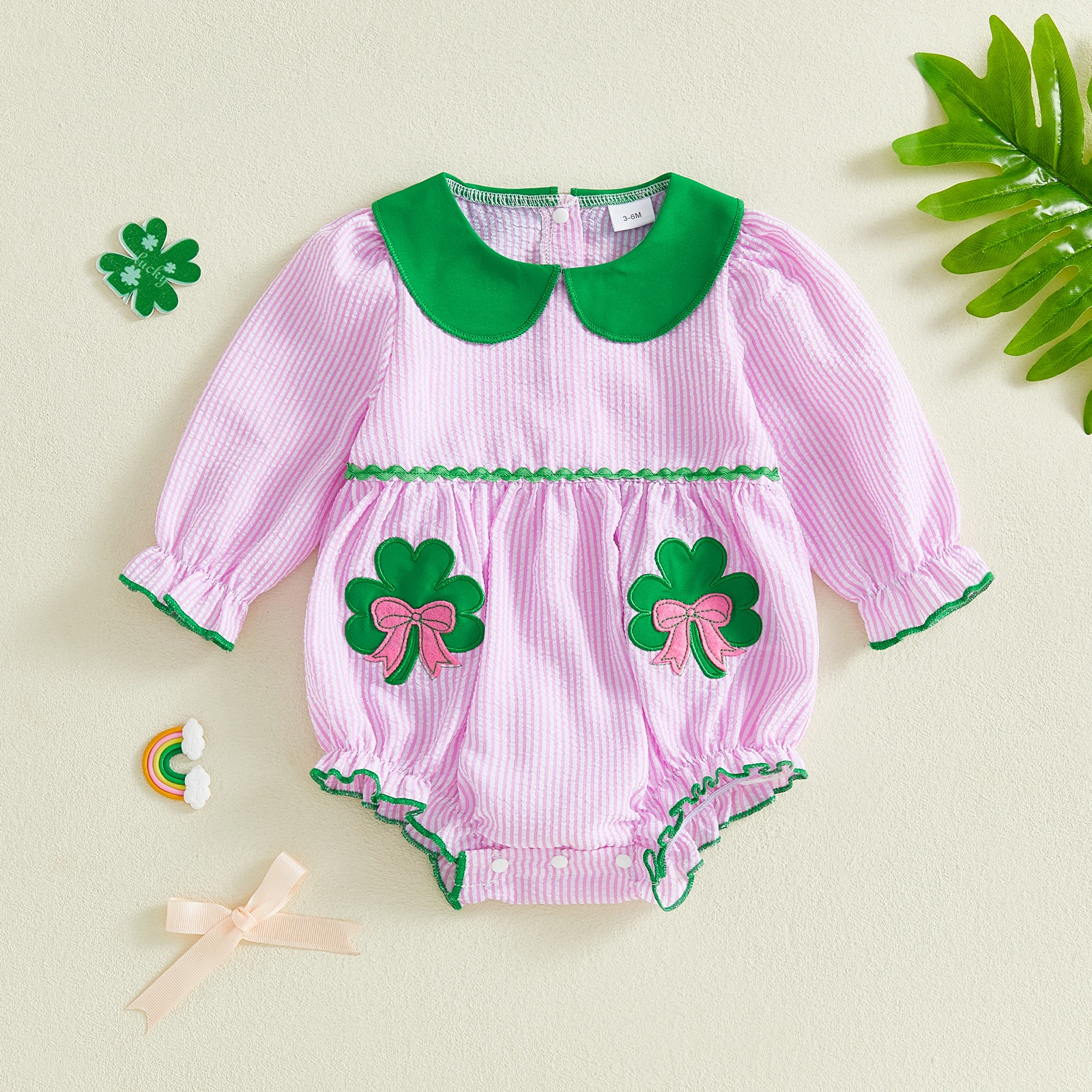 Infant Baby Girl Irish Bubble Romper Striped Bow Clover Embroidered Long Sleeve Doll Collar Jumpsuit Casual Spring Clothes