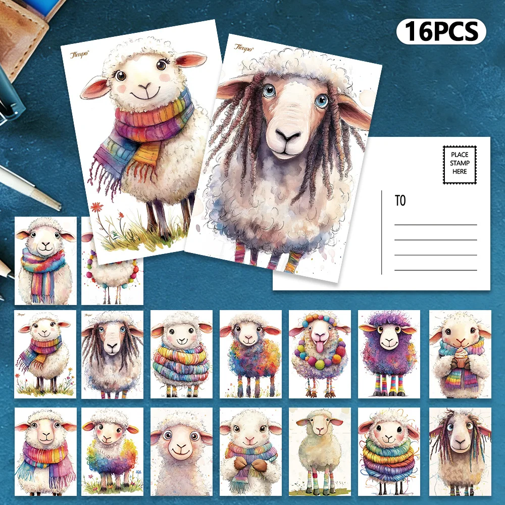 

16pcs Scarf Lamb Postcards, New Year Gift, Christmas Gift, Living Room Decoration, Bedroom Decoration, High-Quality Cards