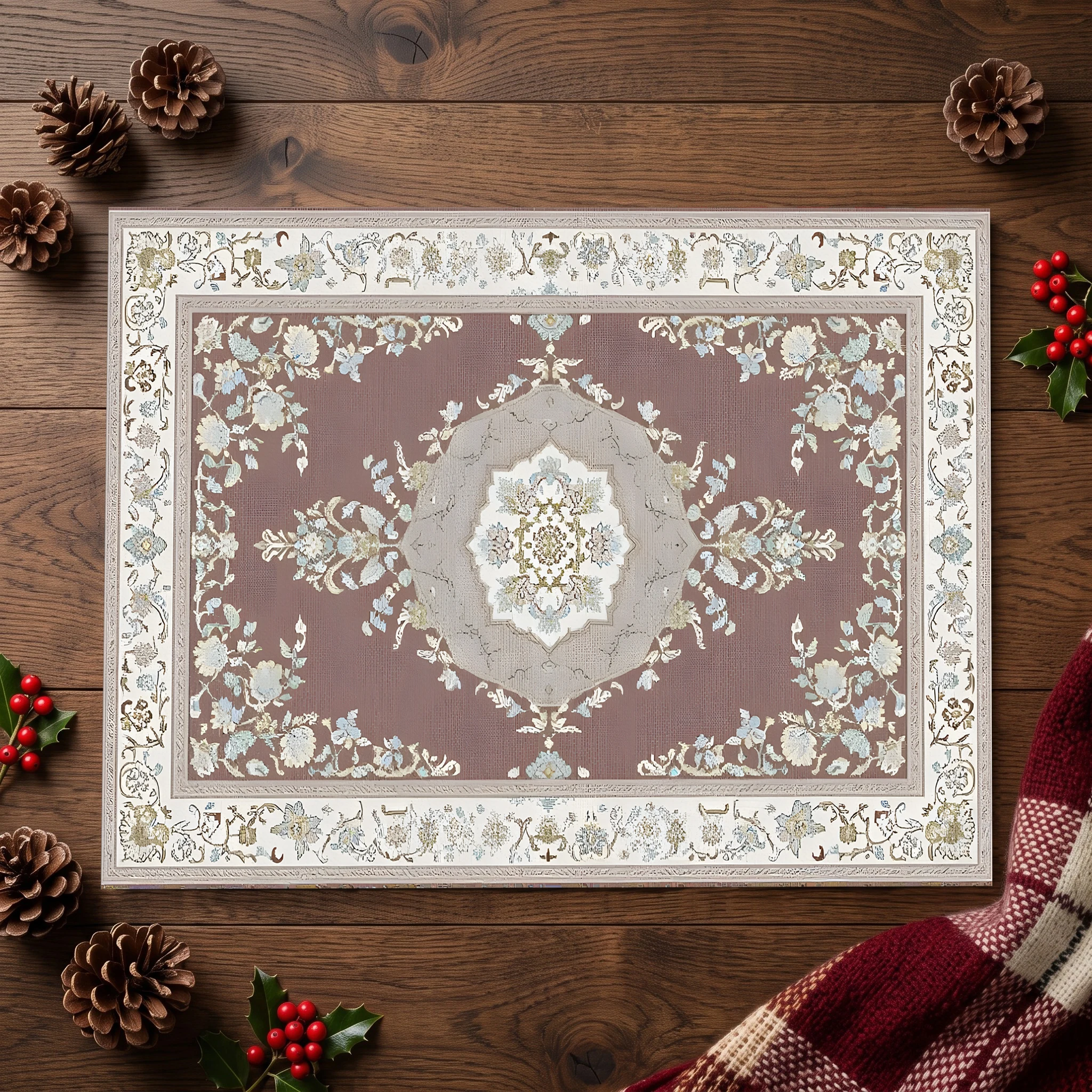 Wine-Red Background with Symmetrical Floral and Scroll Patterns, Retro European Style, Perfect for Living Room, Bedroom, Coffee Table, Bedside, Autumn/Winter, Christmas, and Other Festive Warm and Cozy Soft Furnishings, Velvet Rug
