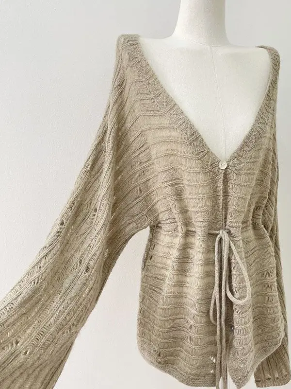 Korean Style V-Neck Hollow out Design Drawstring Knitted Open Cardigan Women's Autumn Winter New Long Sleeve Slimming Outerwe...