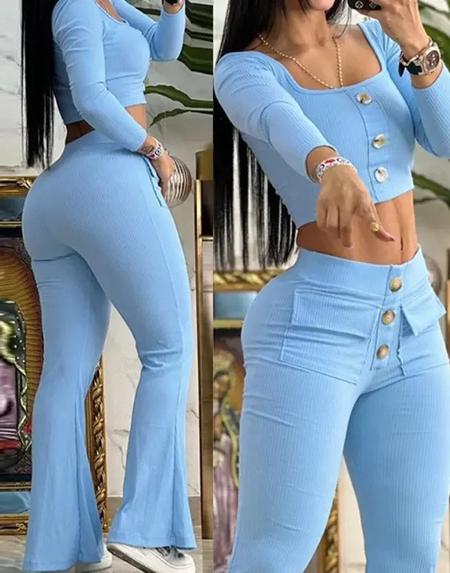 Casual Set for Women Summer New 2024 Fashion Printed Square Neck Buttoned Long Sleeved Top & Pocket Design Flared Pants Suit