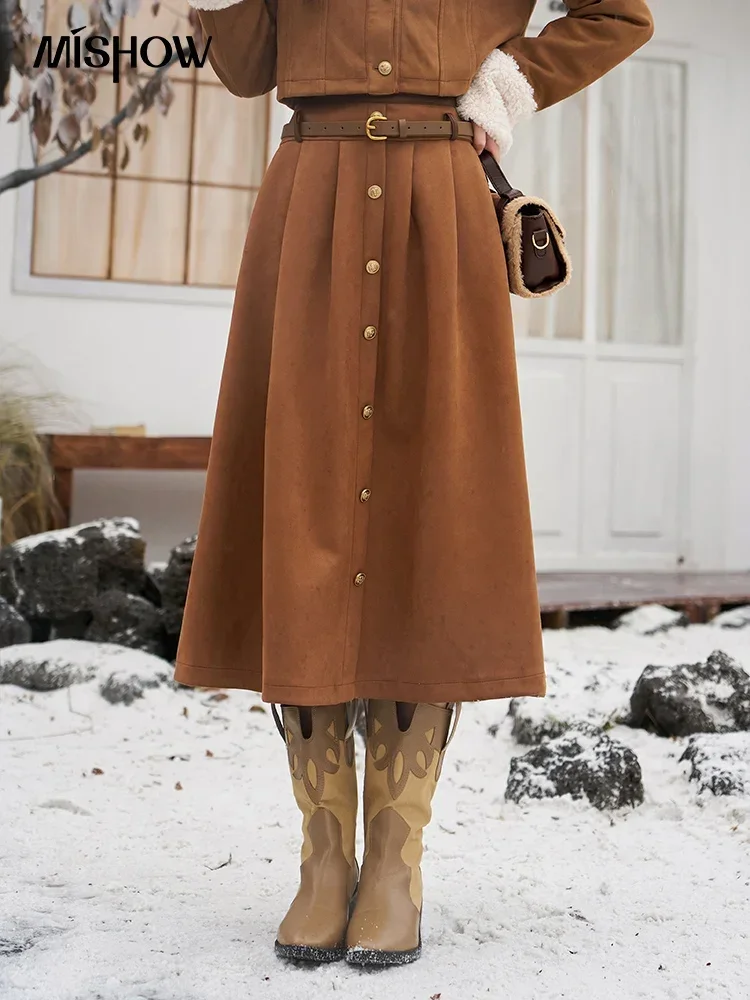 MISHOW Lamb Wool Lapel Coat Pleated Skirt Separately 2024 Winter Fashion Solid Midi Skirt Faux Deerskin Velvet Top MXC56W0263