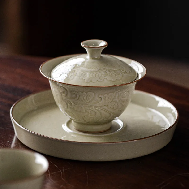 Honey Glaze Relief Wrapped Lotus Three Cover Bowl Single Pot Bearing High-end Kung Fu Tea Set Tea Cup Tea Bowl Is Not Hot