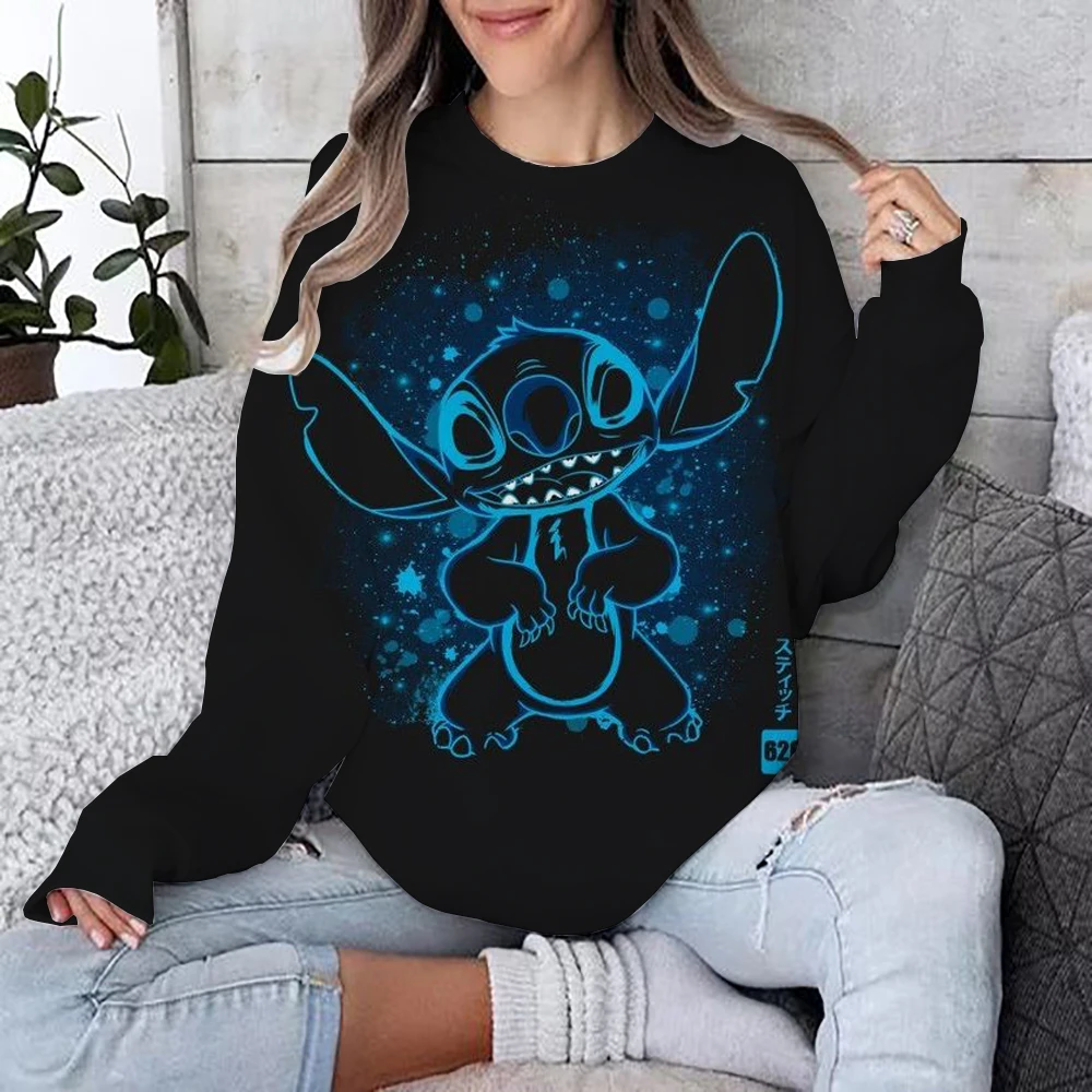 Damska bluza z kapturem Disney Stitch Print Moda Jesień Codzienny Długi rękaw Okrągły dekolt Luźny pulower Cartoon Boho Style Sweatshirt