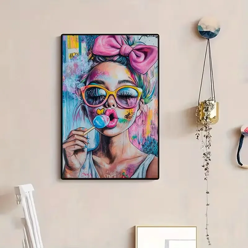 1PC frameless decorative art print,Brightly Colored Girls Fashionable Glasses Bold Makeup Interesting Canvas Posters The Living