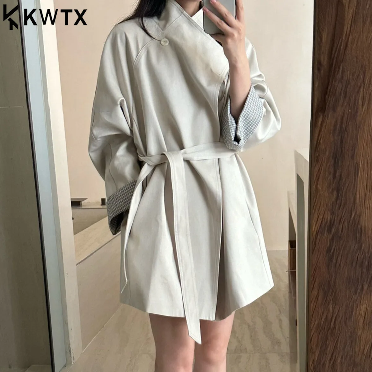 

KWTX 2025 женский плащ большого размера средней длины с поясом - однотонная элегантная повседневная офисная одежда, рукава с лацканами, модный