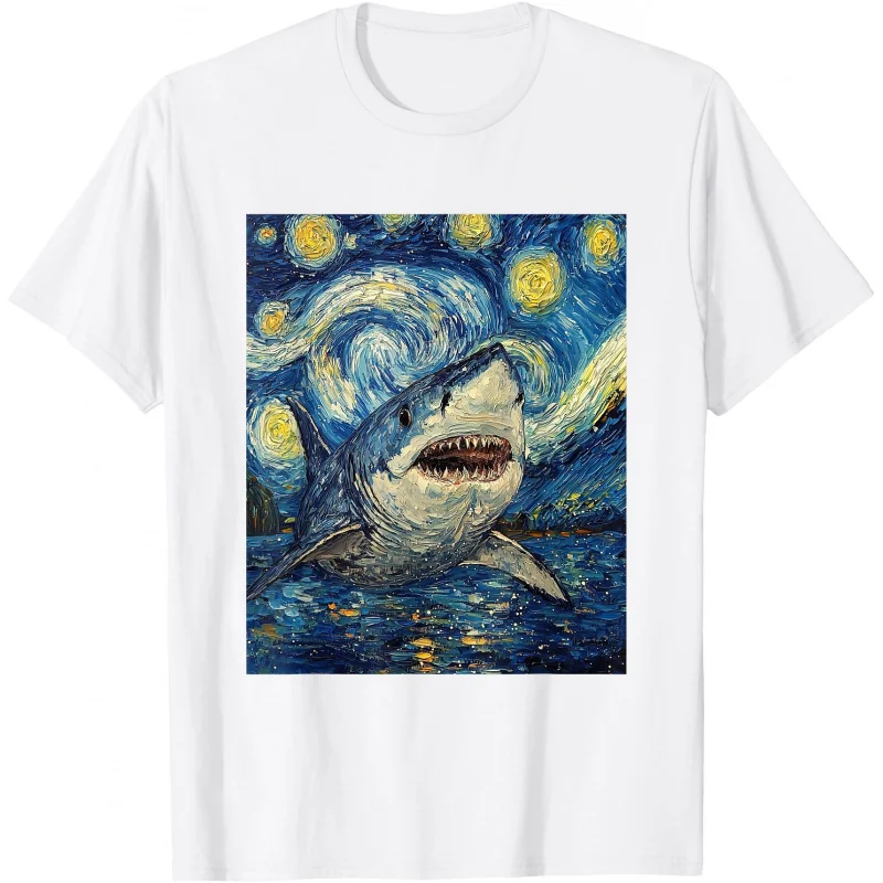 Shark Fish Van Gogh Style Starry Night Funny Gift t shirt Vintage Graphic Tee 100% cotton printed clothes All size Tops S-6XL