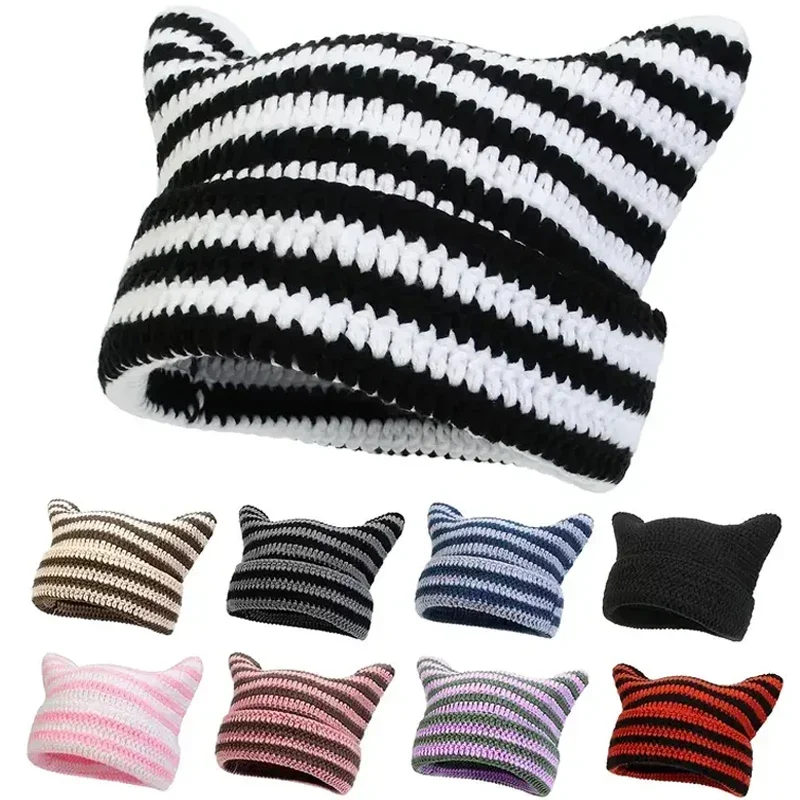 Japanese Streetwear Harajuku Beanie Little Devil Striped Skullies Knitted Hat Women Girls Autumn Winter Cute Cat Ears Cap