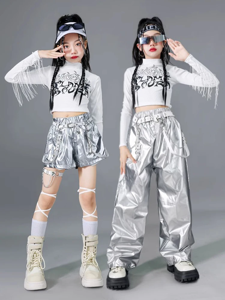 Mädchen Silber Jazz Dance Kostüm Quaste Crop Tops Hosen Rock Hip Hop Performance Kleidung Festival Bühne Set Straße Tragen BL14478