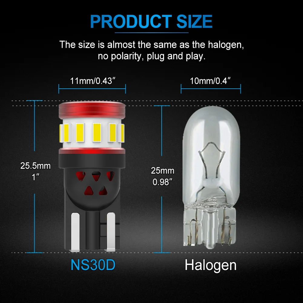 NAO 10x T10 W5W LED Light For Car 12V 3030 5W5 CANBUS NO Error Super Bright Marker Side Map Lamp White Amber Red Crystal Blue