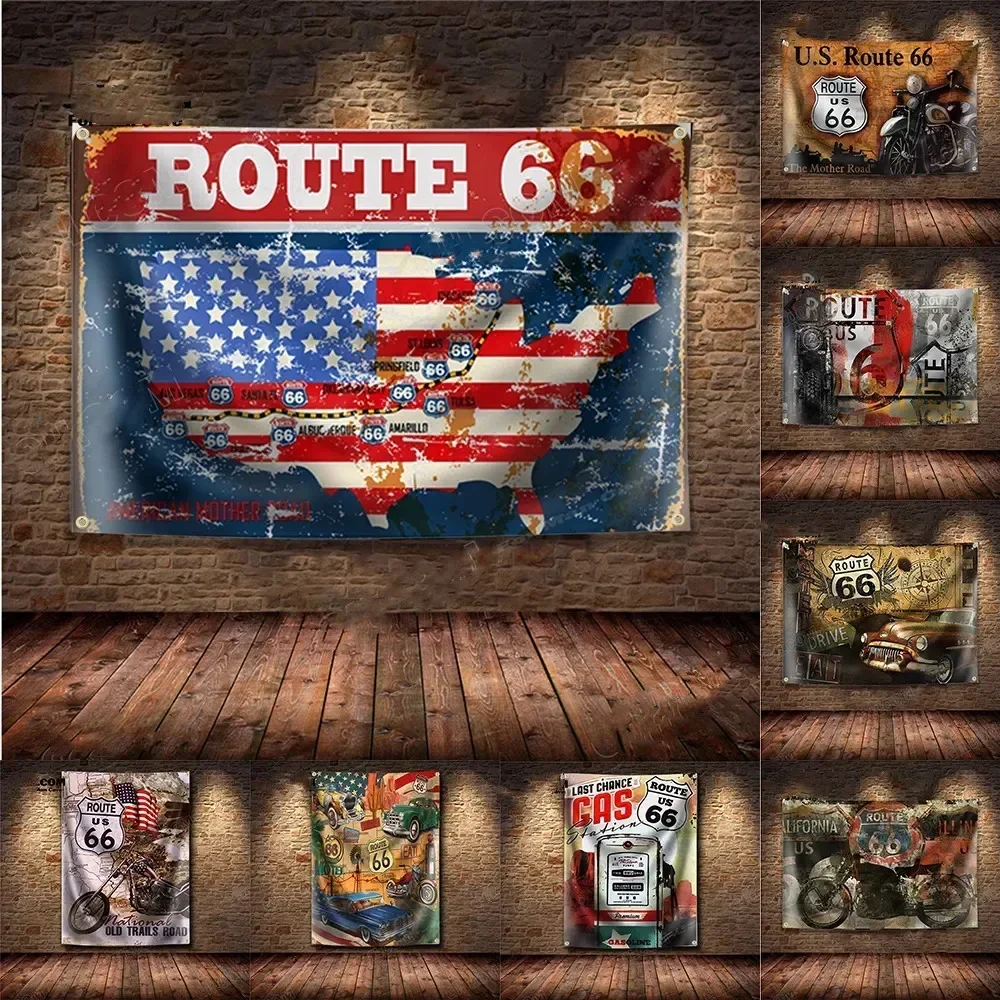 Route 66 US Mother Highway Repair Retro Banner Flag Service Poster Wall Art Decor AD Vintage Sign Man Cave Garage Pub Club Bar 2