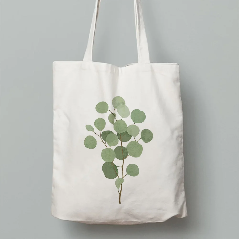 Bolso de mano minimalista de lona con gráfico de ramas de eucalipto de tono sólido, ideal para compras, viajes al aire libre y tareas diarias.
