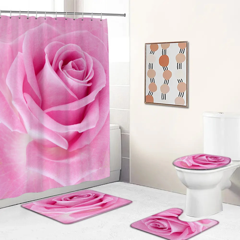 Pink Floral Rose Waterproof Shower Curtain Sets Toilet Seat Cover Non-Slip Bath Mat Rug Carpet Bathroom Decor Polyester Fabric