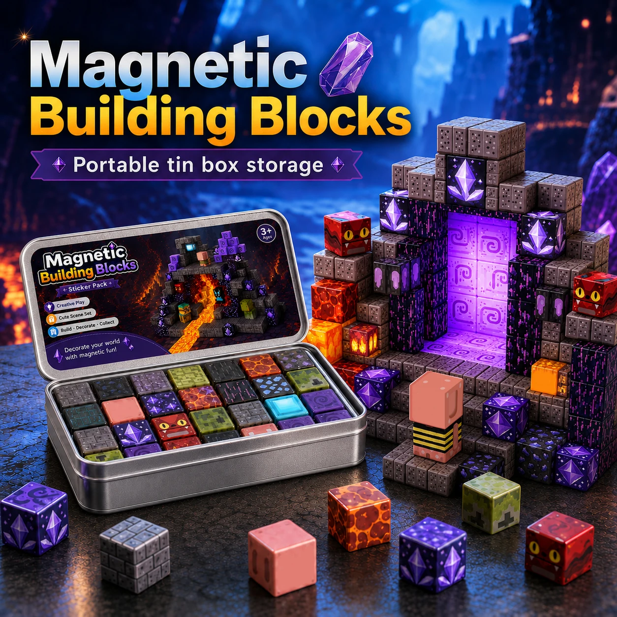 Blocs de construction magnétiques, style exploration de la grotte de lave, avec boîte en métal, briques cubes, jouet éducatif STEM pour garçons et filles, ensemble cadeau