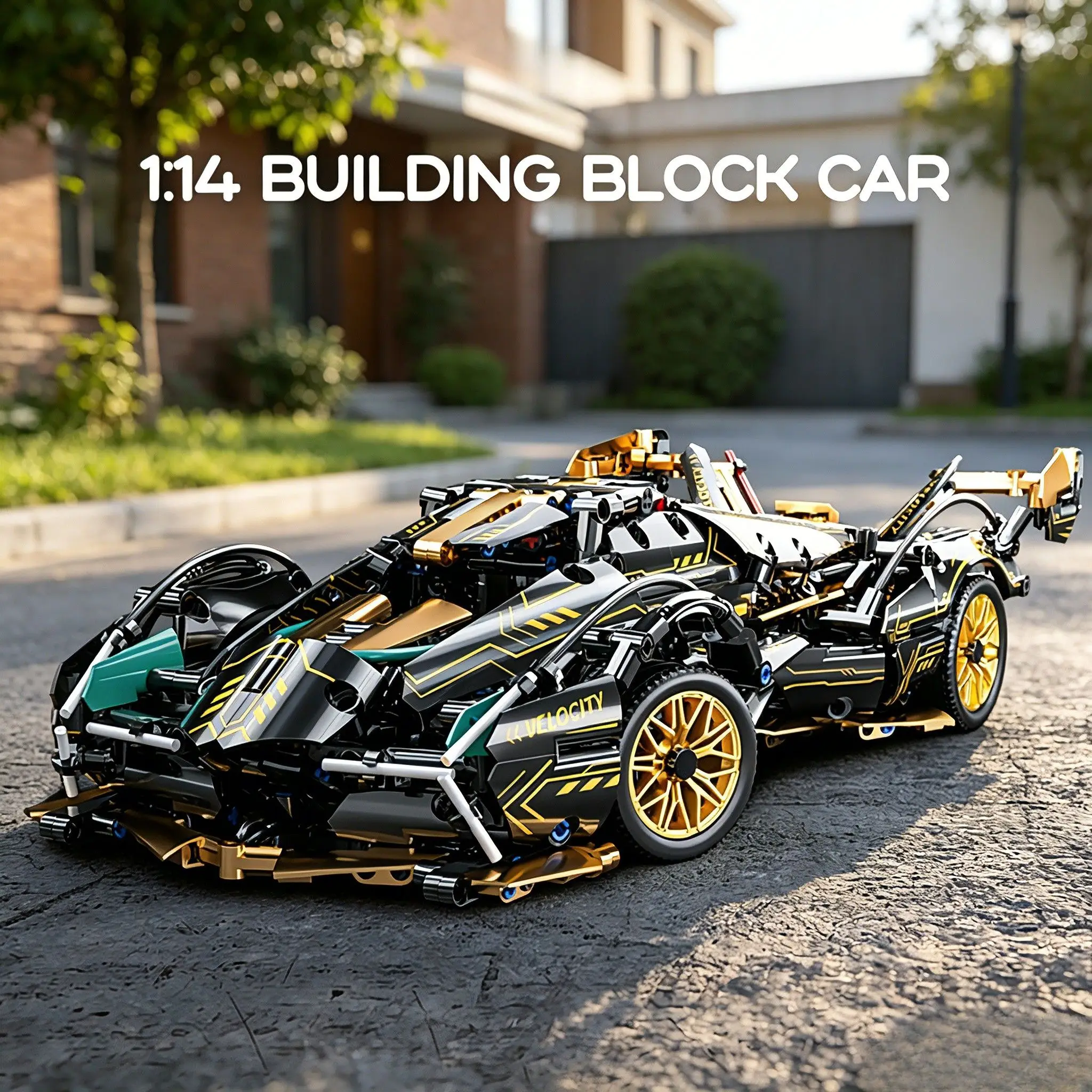 Конструктор KAVOWORLD 1:14, набор для сборки суперкара, 981 деталь, черно-золотой спортивный городской автомобиль, игрушка-конструктор с подвижным хвостовым оперением и открывающимся салоном, модель для самостоятельной сборки, идеальный подарок на день рождения или Рождество