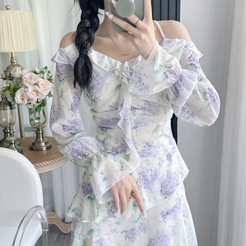 Summer Autumn Lavender Flower Puff Sleeve Women's Camisole Dress Longuette Full Dress Fashion Women's Clothing Skirt