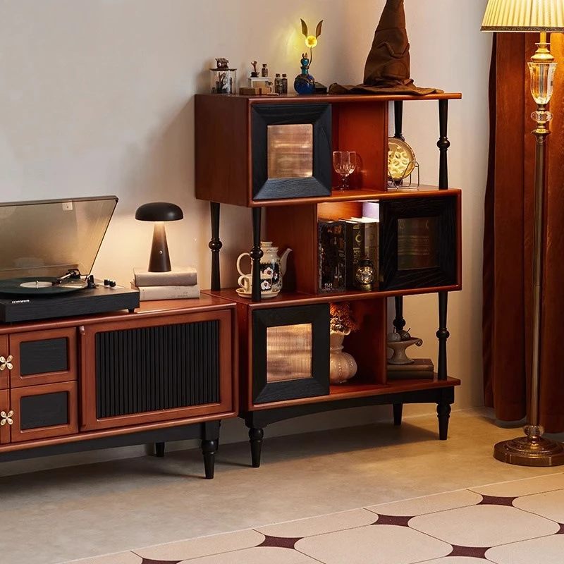 

Chinese style retro medieval style porch solid wood short bookshelf display dining side module combination TV