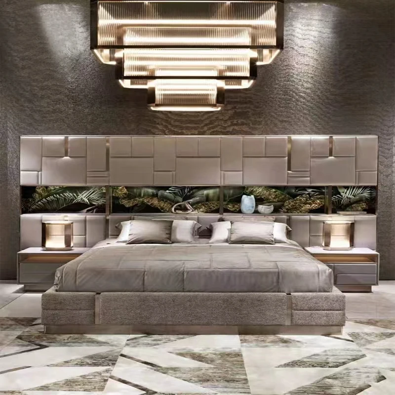 xj-Luxury Headboard Bed Modern Double Top Grain Leather Beds Frame Modern Italian Leather Luxury Double King Size Bed*