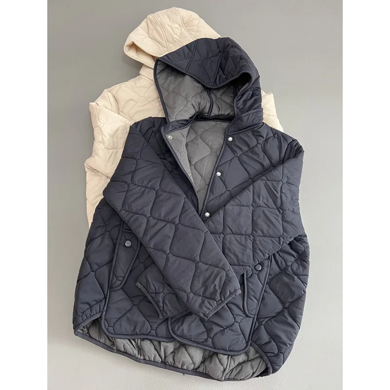 

Women's Winter Thickened Pure Color Diamond Stitch Hooded Cotton Jacket Warm Coat Loose Fit Casual Style Long Sleeve Coat