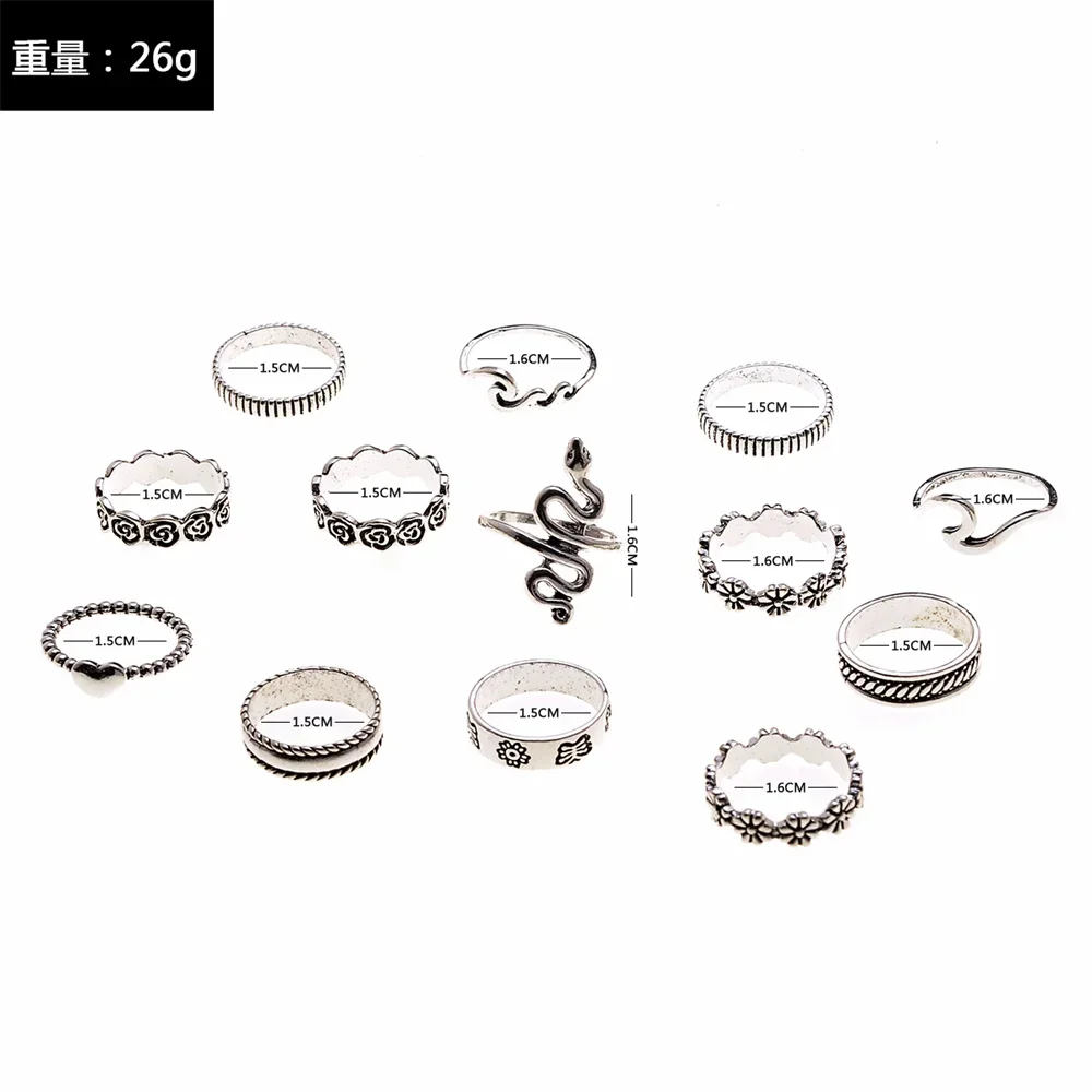 Fashion Silver-plate Snake Flower Heart Shape Geometry Set Ring For Women Boho Vintage Trendy Personality Rings Jewelry Gift image 6