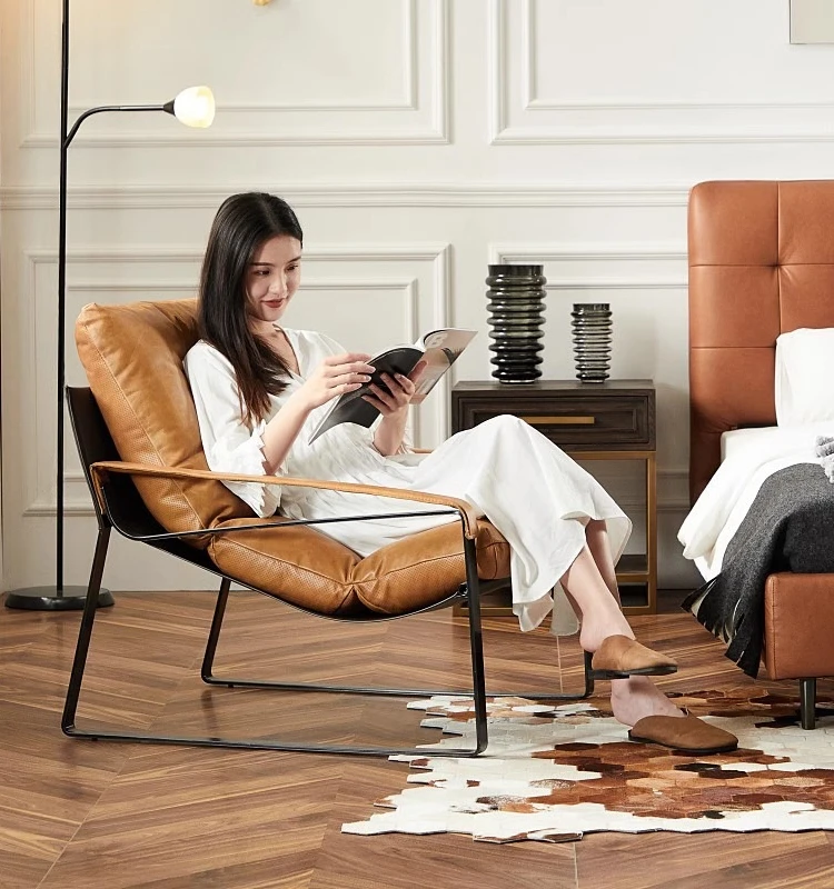 

Nordic Retro Down Recliner Old All Leather Bedroom Living Room Casual Special-shaped Iron Lazy Sofa Single Chair