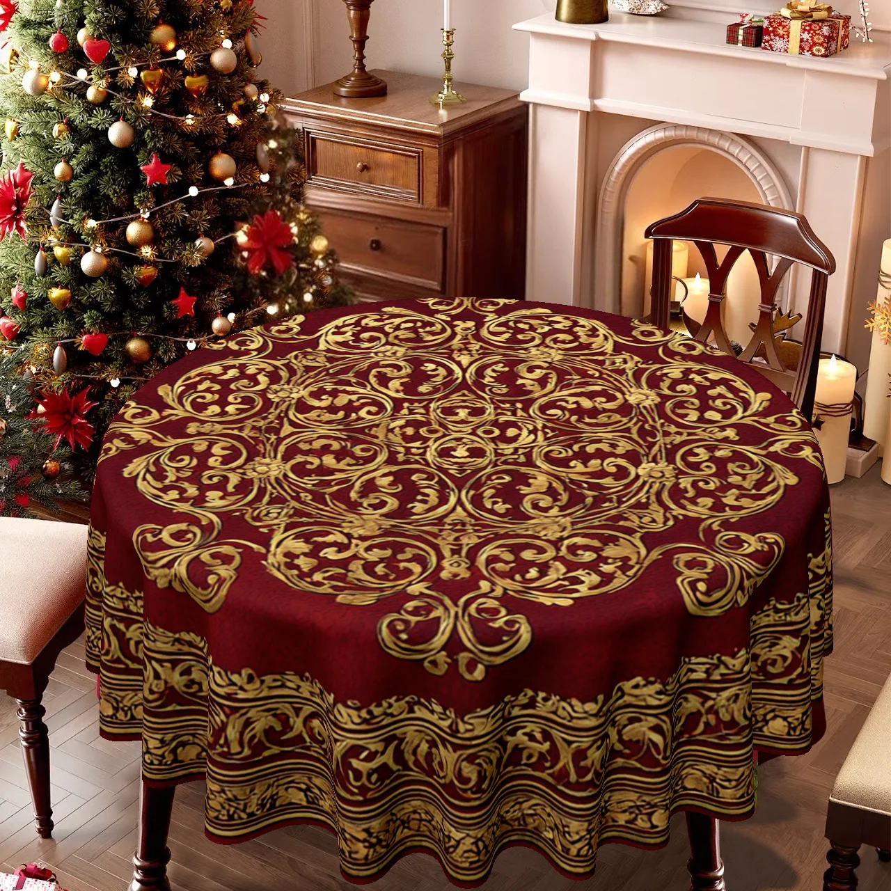 Tablecloth, Christmas, Easter, elegant round tablecloth with floral-inspired patterns decorated in Burgundy red and gold